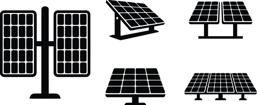 Set of black solar panel icons representing renewable energy and sustainable power generation technology