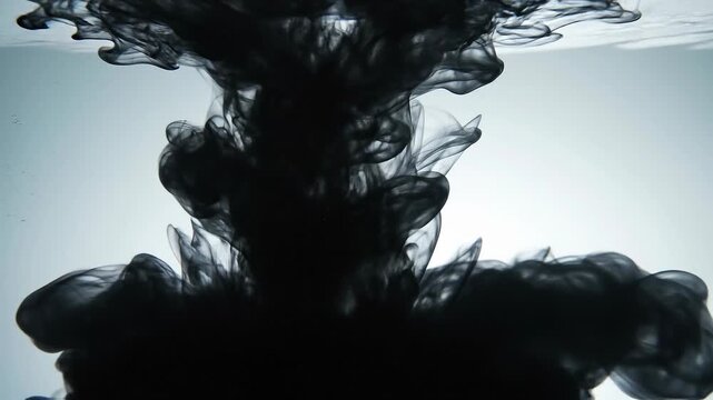 Abstract black ink swirling in water with smooth flowing shapes and organic texture on light background