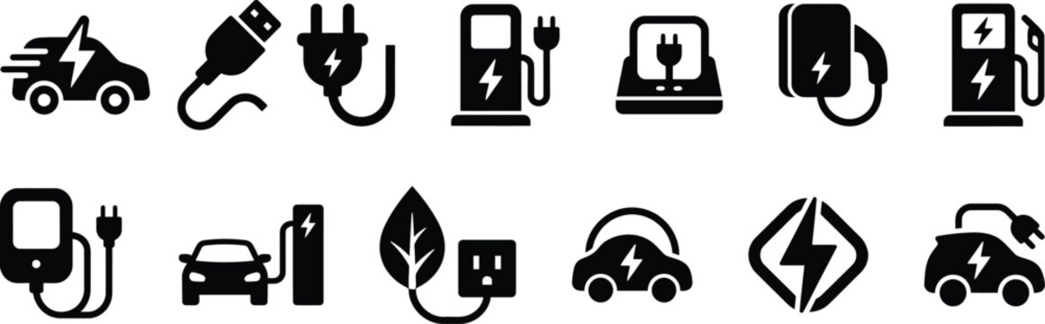 Set of black electric vehicle charging station icons and sustainable transport symbols on white background