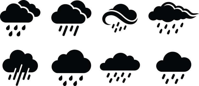 Set of hand drawn rainy cloud weather icons isolated on transparent background
