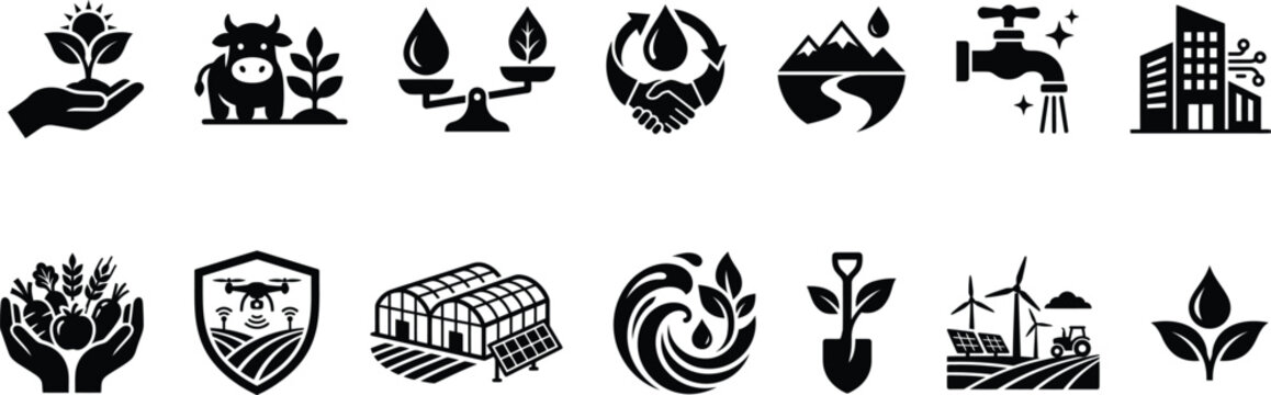 Set of black and white environmental sustainability and ecological icons for business and green industry projects