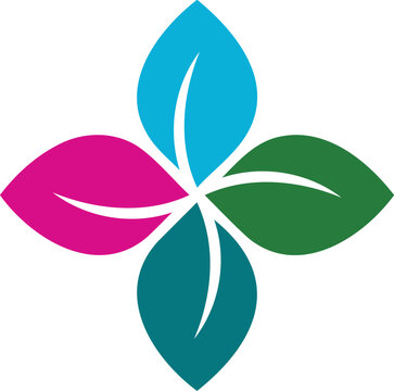 Colorful leaves flower vector logo design with four petals, symmetric floral design made