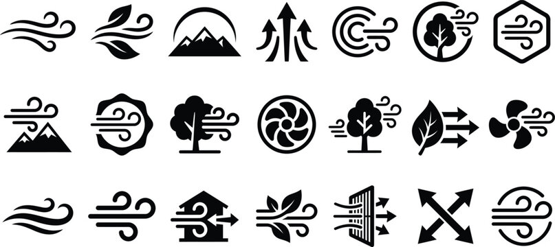 Set of black and white wind and air flow icons for weather and climate design projects