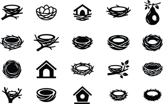 Collection of bird nest icons featuring various styles of avian homes and natural structures for design projects