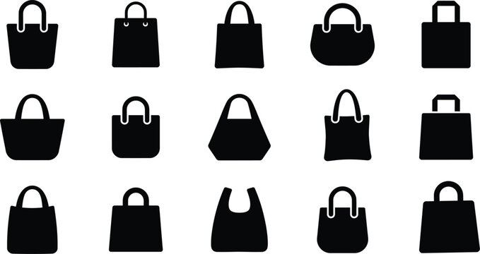 Collection of various black handbag silhouettes isolated on a white background for fashion design elements
