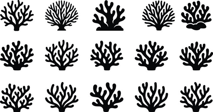 Set of black silhouette coral reef icons isolated on a white background for marine design projects