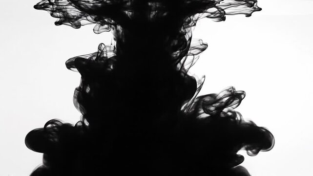 Black ink swirling in water creating dark abstract smoke patterns on white background