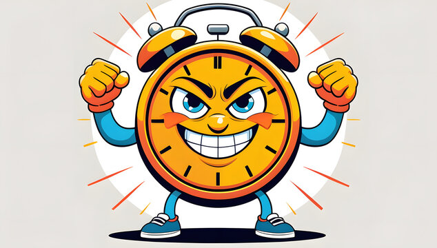 Energetic Cartoon Alarm Clock Character Flexing Muscles with Confident Face