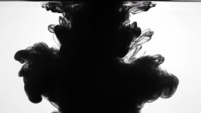 Black ink swirling in water with dramatic abstract shapes and patterns on white background