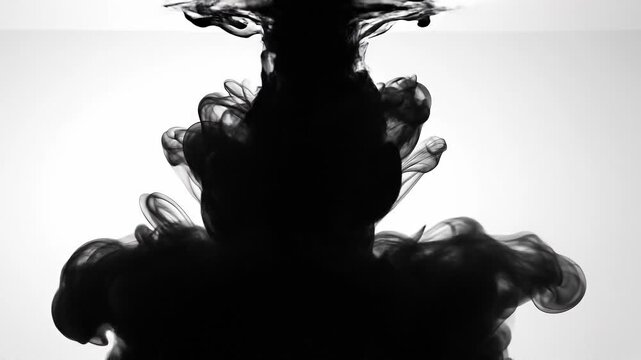 Black ink swirling in clear water with abstract fluid shapes and smoke effect on white background