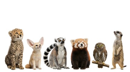 Naklejka premium Young wild animals lined up on white background