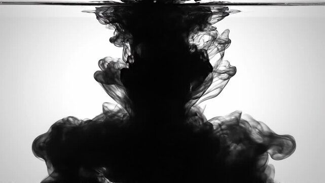 Black ink swirling in water with artistic smoke-like patterns and abstract fluid motion on white background