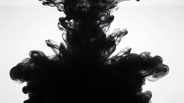 Abstract black ink swirling in water creating dramatic fluid shapes on white background