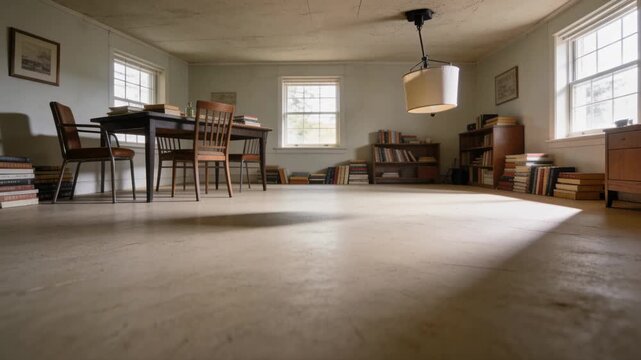 Empty furnished room with soft daylight and shelves of books