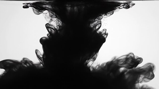 Black ink swirling in water with abstract fluid motion and artistic smoke effect on white background