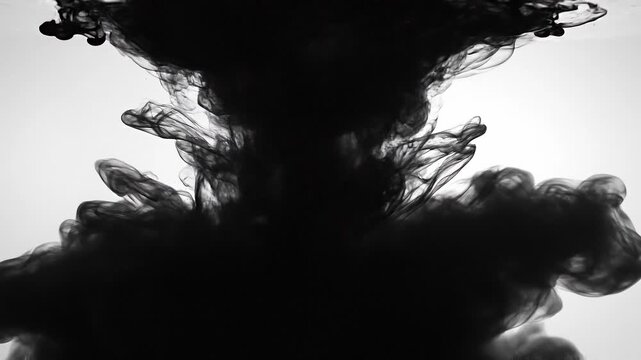 Black smoke ink swirling underwater with artistic abstract shapes and fluid motion on white background