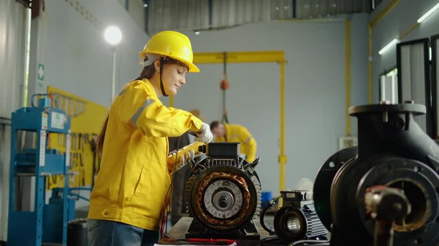 Female electrical engineer in yellow safety jacket and hard hat uses a digital multimeter to test an industrial electric motor in a manufacturing factory. Plant maintenance workers in background.