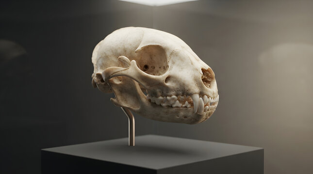 Ancient predator skull model displayed on black pedestal inside dark museum gallery under spotlight for paleontological study purposes.