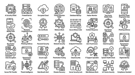 Obraz premium Collection of cybersecurity and data protection line icons including cloud security, firewall and encryption symbols, perfect for web design projects, technology presentations and infographics