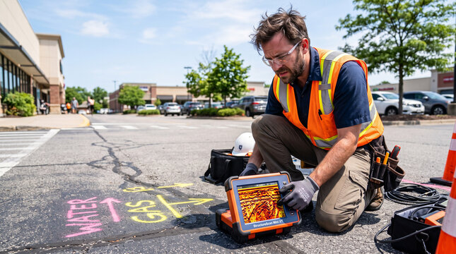 Technician scanning asphalt pavement with radar device outdoors
