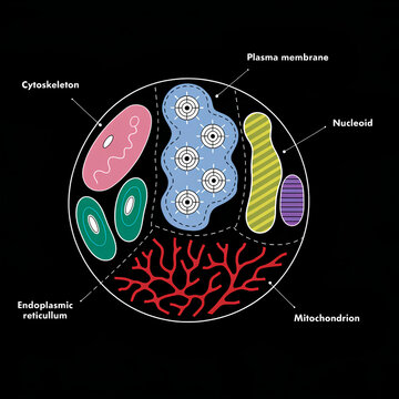 Scientific diagram of prokaryotic cell internal structures including nucleoid plasma membrane cytoskeleton mitochondria endoplasmic reticulum with cell structure biology diagram cellular anato