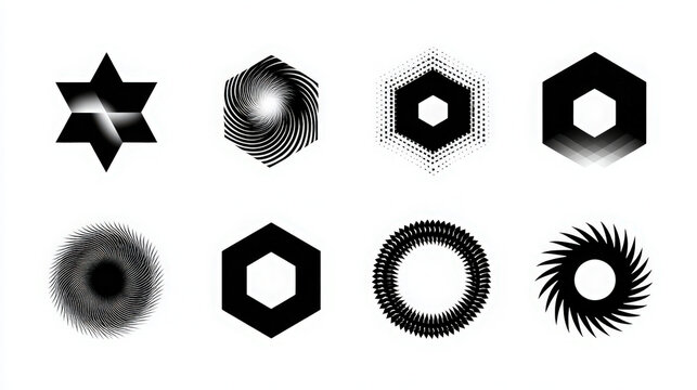 Set of dark abstract geometric symbols and textured circular shapes on white background with dark shape