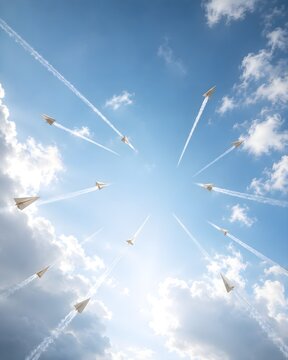 Paper airplanes flying outward with jet contrails leaving a bright blue sky with clouds