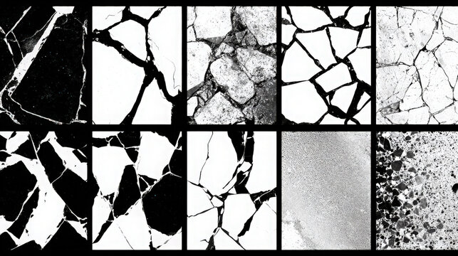 Set of black and white grunge cracked earth texture and abstract geometric pattern panels with abstract design