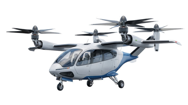 Electric Air Taxi: A futuristic electric air taxi, with multiple rotors and a sleek white and blue design, stands ready for flight, representing the future of urban transportation.