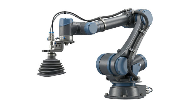 Robotic Arm for Industry: A modern robotic arm with a suction gripper, designed for automated industrial applications, stands ready for precise assembly and manufacturing tasks.