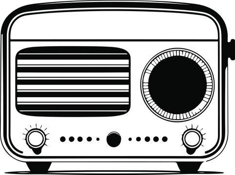 A single vintage tabletop radio with clean rounded casing, simple speaker grille and symmetrical control knobs, ultra clean vector line art, bold black outline only, thick stroke, single object, minim