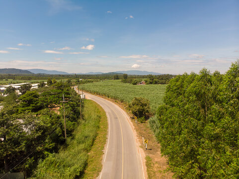 Aerial view of a curved road through lush green fields and trees in the rural countryside. Human-created, not AI.