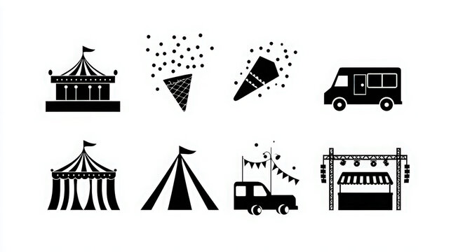 Set of black carnival and amusement park icons including tents carousel and food truck with circus tent