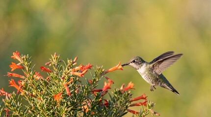 Naklejka premium hummingbird feeding on orange flowers