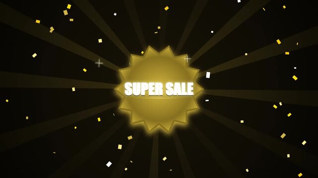 Super sale golden badge with confetti and radiating light background