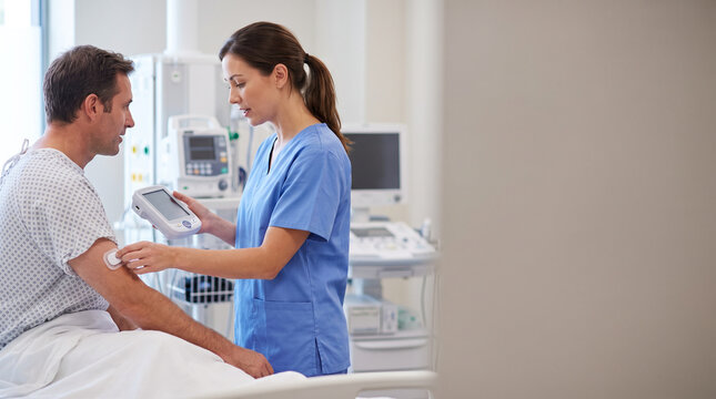Nurse prepares adult patient for routine diagnostic procedure, positioning medical sensor and checking equipment while providing clinical support, patient care and hospital nursing services.