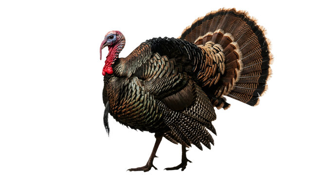 Full body portrait of a male wild turkey with fanned tail feathers isolated on transparent background