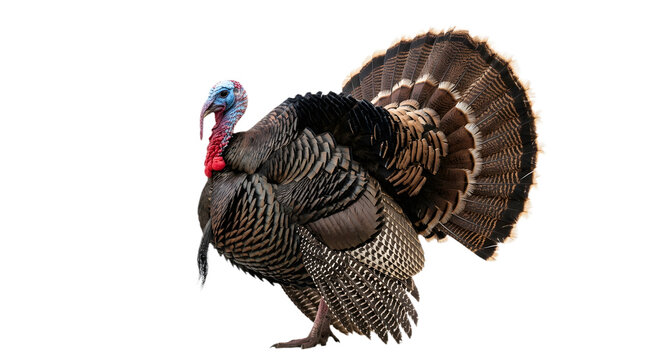 Side profile of a male wild turkey with fanned tail feathers isolated on transparent background