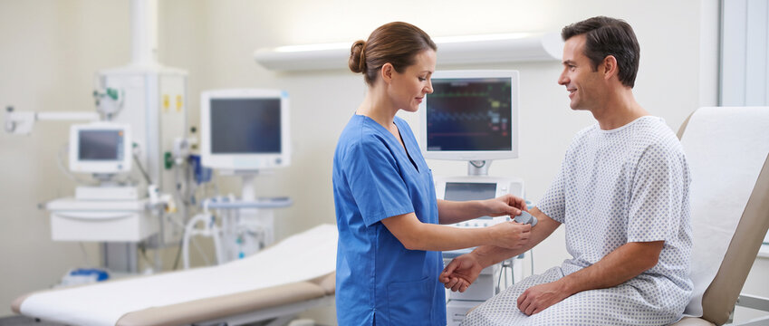 Nurse prepares adult patient for routine diagnostic procedure, positioning medical sensor and checking equipment while providing clinical support, patient care and hospital nursing services.