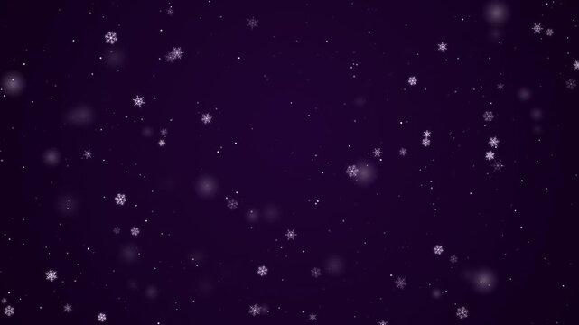 Falling white snow particles on a dark purple background for winter