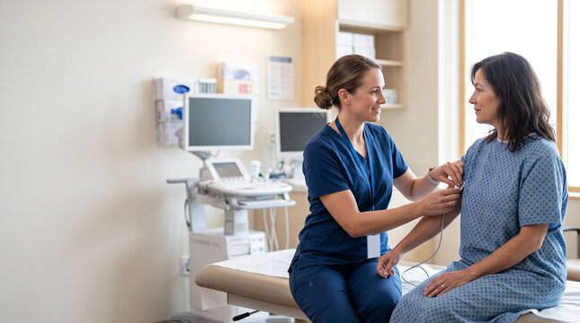 Nurse prepares adult patient for routine diagnostic procedure, positioning medical sensor and checking equipment while providing clinical support, patient care and hospital nursing services.
