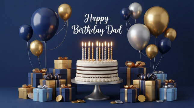 Blue, gold, silver balloons, striped cake, gift boxes  perfect for birthday celebrations and party invitations, joyous occasions.
