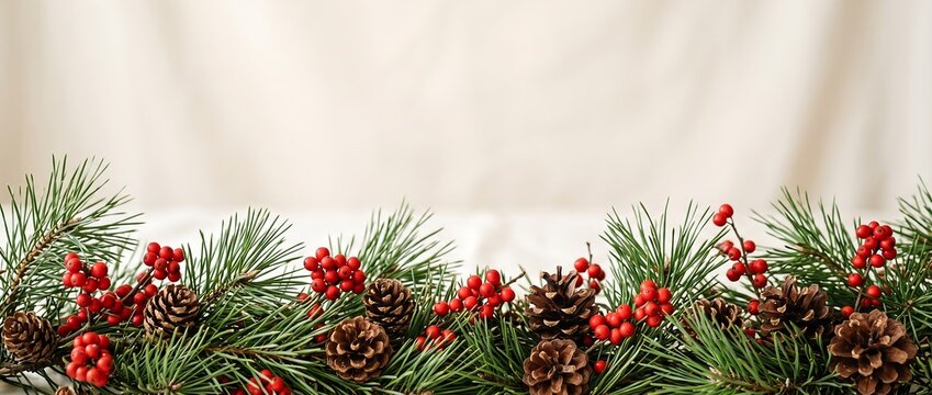 Festive Christmas garland border with evergreen pine branches, red holly berries and pinecones on a neutral background