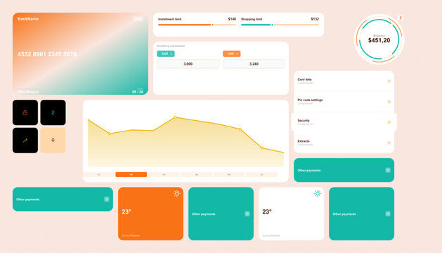 Modern UI dashboard interface design elements, web app screen mockup icons, gradient business analytics charts, colorful tablet navigation buttons for digital creative agency