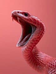 Fototapeta premium Aggressive Red Snake with Open Mouth Showing Fangs on Red Background