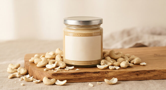 A pristine glass jar of velvety cashew butter resting on a slab of light oak wood, surrounded by scattered whole raw cashews and creamy broken pieces, soft natural side lighting