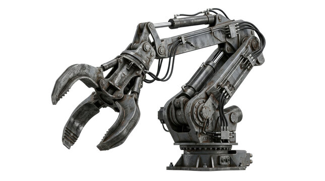 Industrial Robot Arm: A heavy-duty industrial robot arm, designed for precision and strength, showcases its articulated joints and powerful claw, ready for automated tasks in manufacturing.