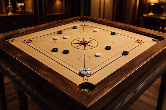 Elegant wooden carrom board with black and white playing pieces in a warm luxury interior