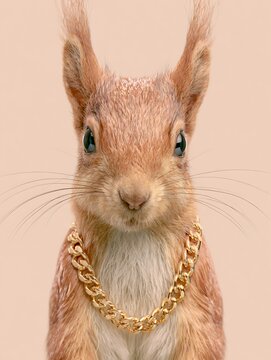Funny Red Squirrel Wearing a Heavy Gold Chain Necklace on Beige Background