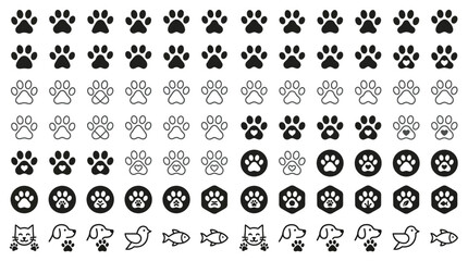 Obraz premium Set of animal paw prints, pet icons, and silhouettes collection of dog, cat, bird, and fish symbols